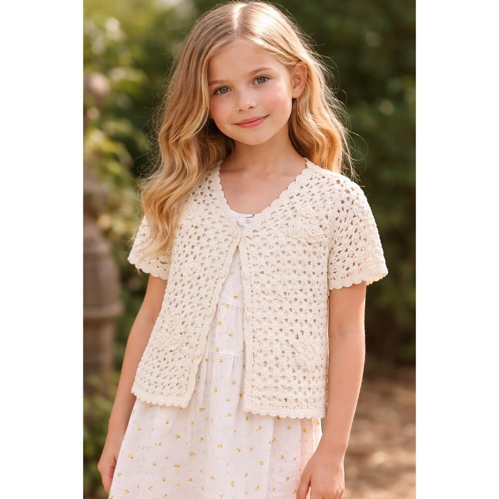 Vintage Cornelloki Crochet Cardigan Sweater Ivory Floral Knit Short Sleeve Sze 8